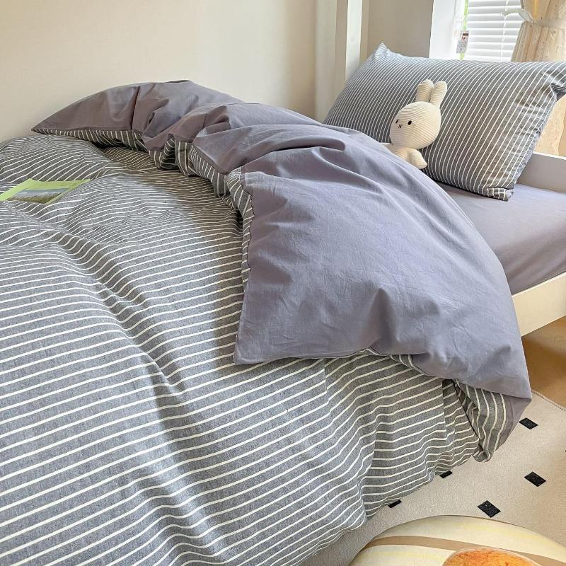 Solid Color Striped Duvet Cover Bedding Sets Single Dormitory Large Size Double Bed Sheets Comfortable Breathable Bedspread Bedroom Decoration 0.9m bed 3pcs 150x200cm