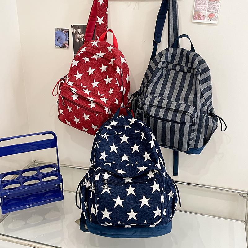 Schoolbag Japanese Retro Star Striped Denim Backpack Large Capacity Travel Bag Student Schoolbag Computer Bag Backpack