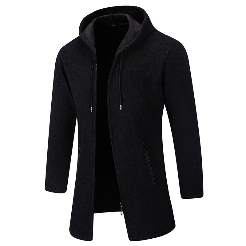 New Autumn and Winter Men's Sweater Jacket Mid-length Coat Solid Color Velvet Hooded Sweater Jacket
