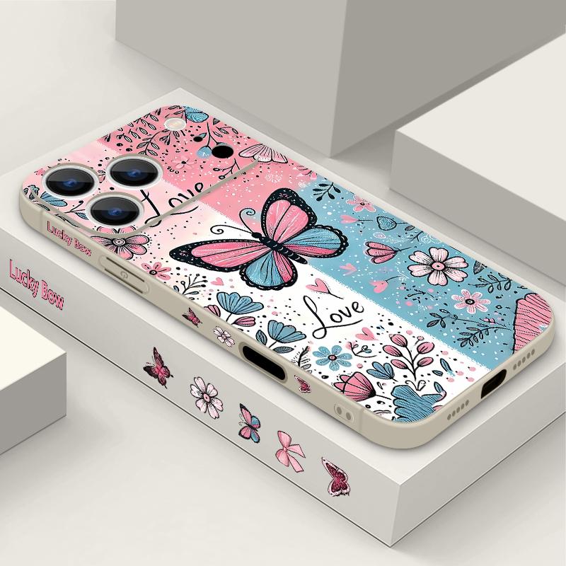 For iPhone 17 Pro Max Case Blue Pink Butterfly Floral Pattern TPU Silicone Soft Cover For iPhone 16 Pro Max 15 14 13 12 11 16E Air