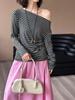 Juzhi Spring Retro Striped Off-Shoulder Slim Fit Long Sleeve T-shirt