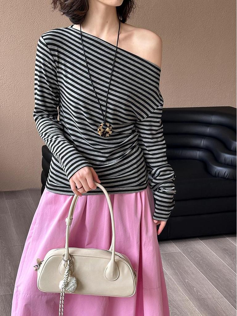 Juzhi Spring Retro Striped Off-Shoulder Slim Fit Long Sleeve T-shirt