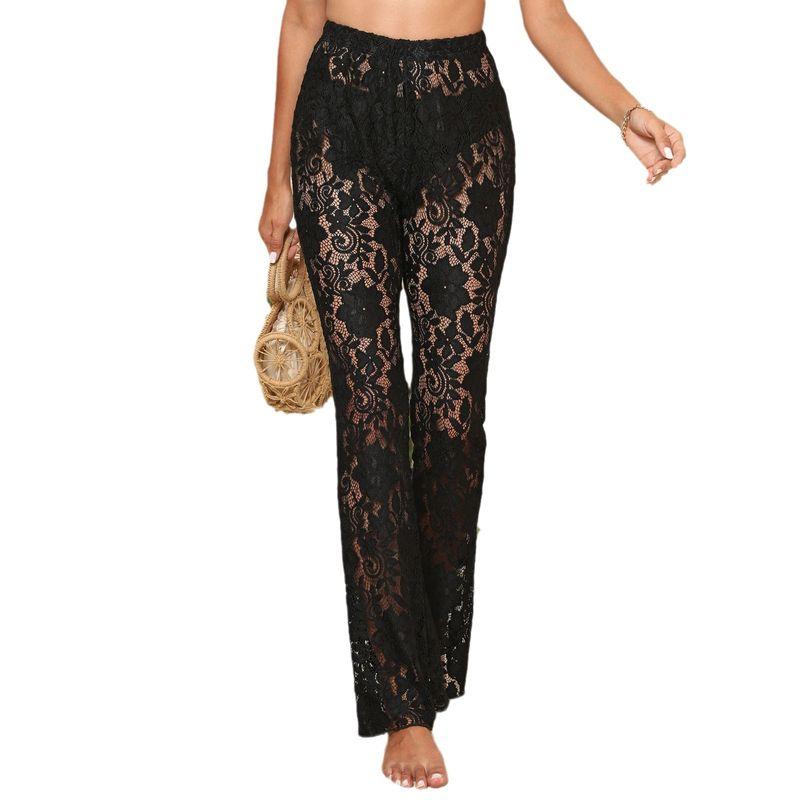 Sexy Sheer Lace Flared Pants European and American Sexy Perspective Flower Lace Pants Trumpet pants Trousers