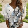 Women Plus Size Abstract Geometric Printed V Neck Half Sleeve Zip Sweatshirt