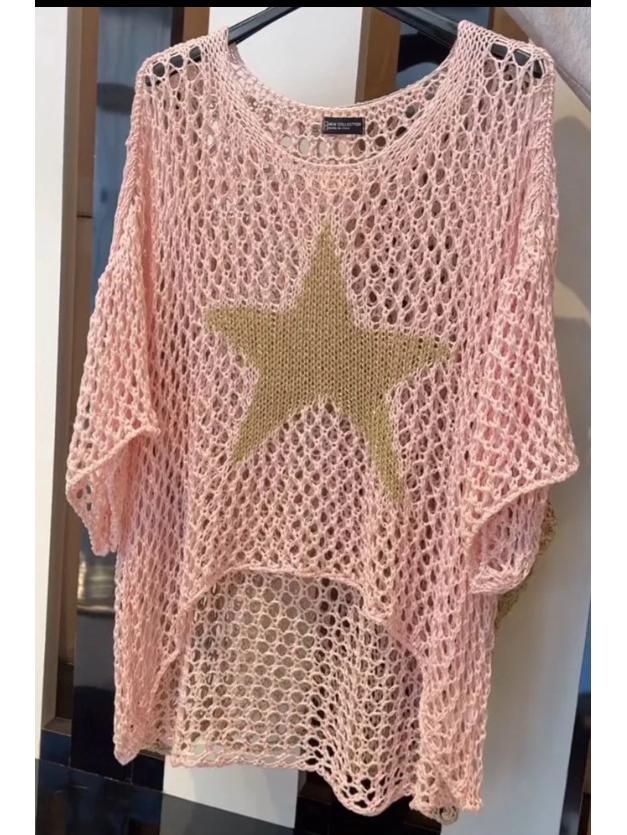 Elegant European & American Style Five-Star Round Neck Sweater with Three-Quarter Sleeves for Women