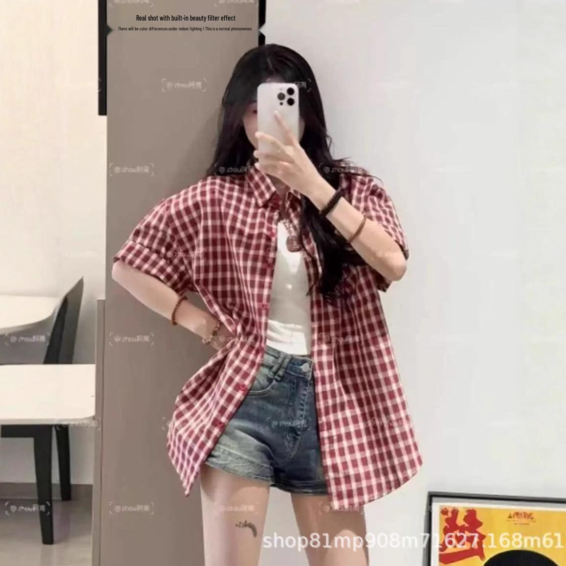 Women s 2026 Spring/Summer Red Plaid Retro Shirt Jacket - Short-Sleeve Top Large