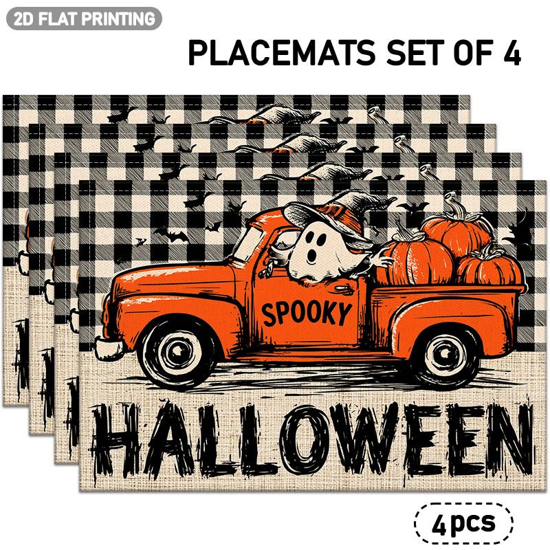 4/6pcs, Halloween-Themed Placemats, Orange Truck, Ghost, Pumpkin, Bat Patterns, Black And White Checkered Background, Suitable for Halloween Holiday D