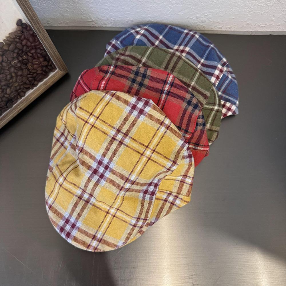 Cool Checkered Bud Caps Large Head Girth Yellow Tartan Beret Painter Hat  Clothes Accessories