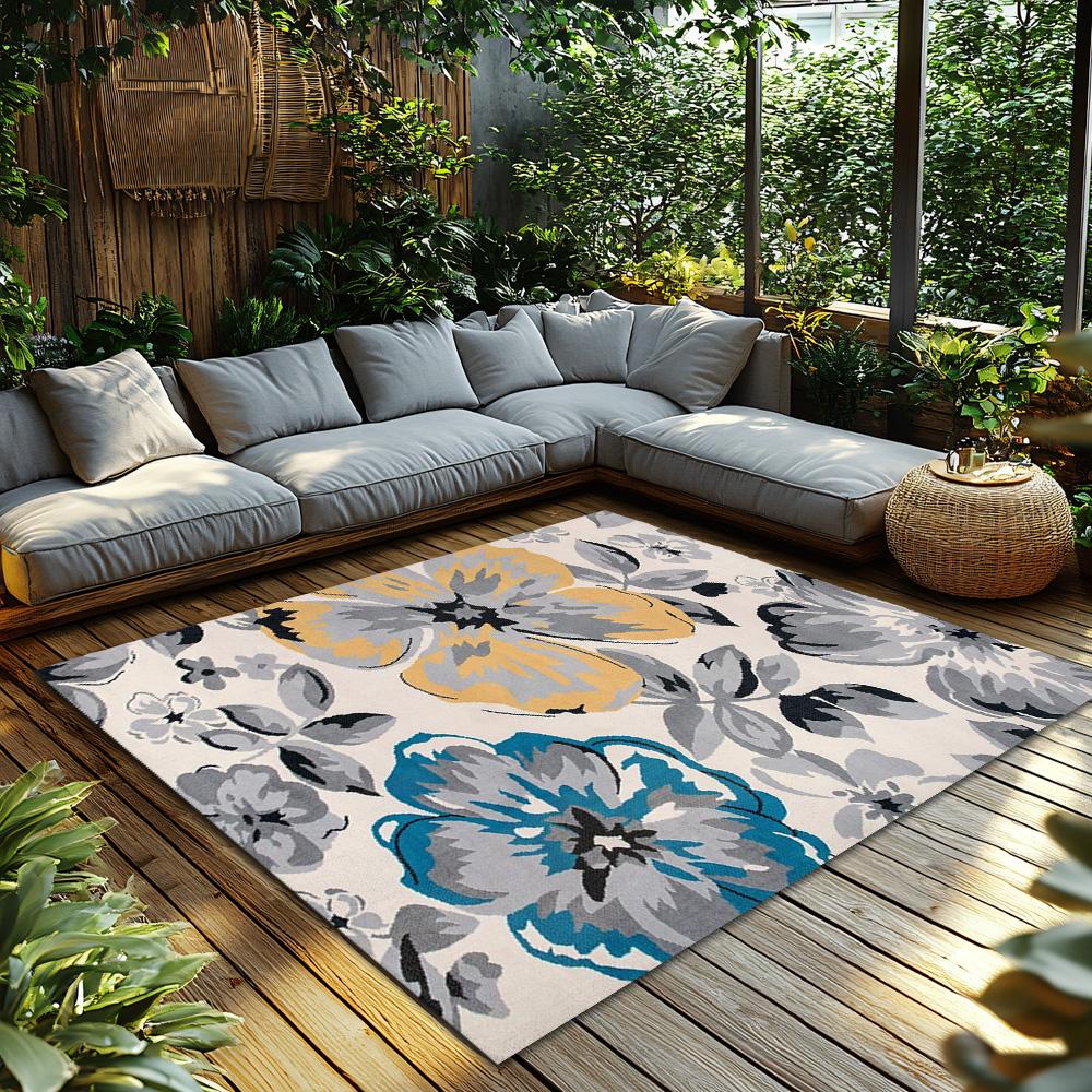 Cream Floral Bohemian Rug, Multicolor Pattern Non-Slip Carpet, Cozy Living Room Mat for Vintage Home Decor