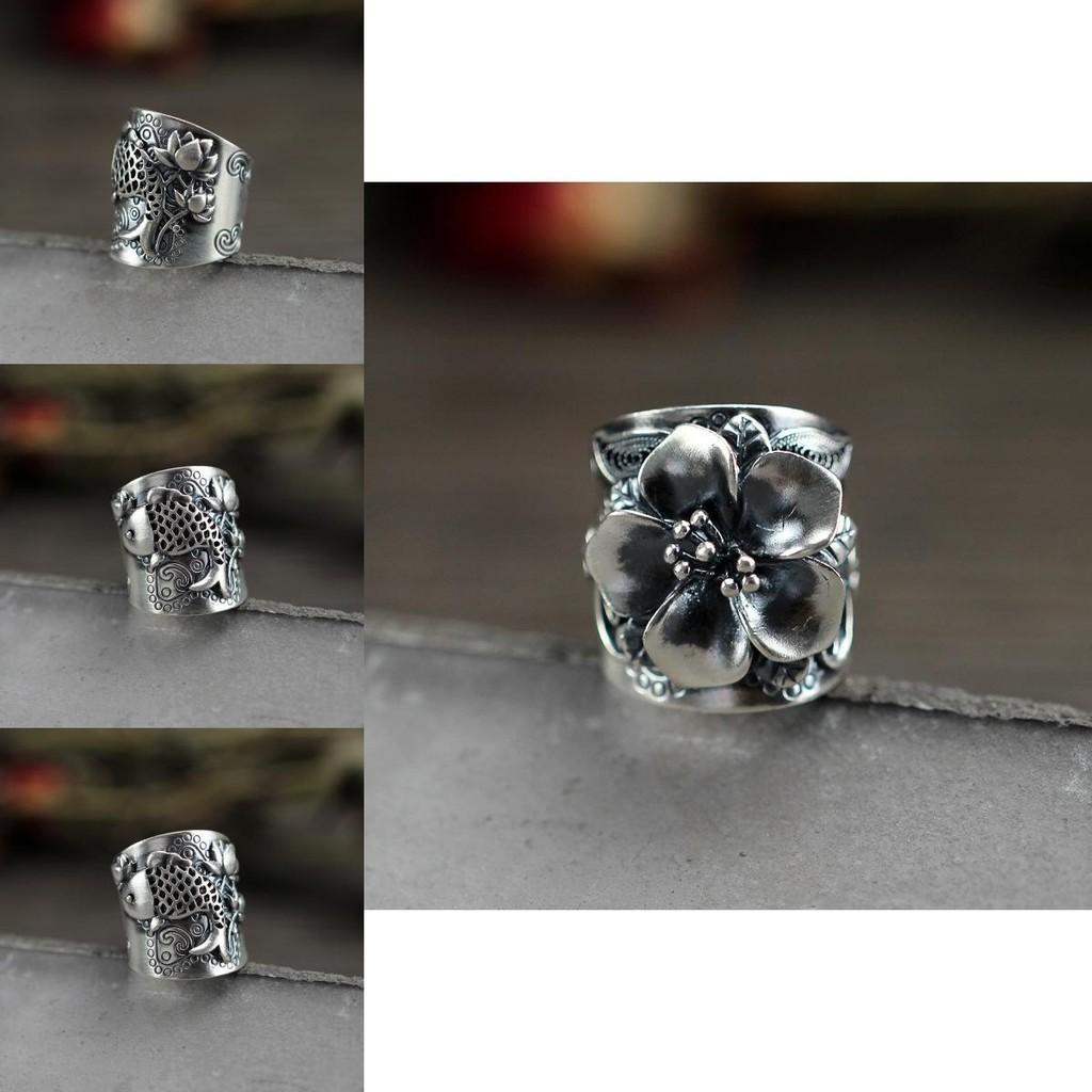 Beautiful S925 Silver Wide Adjustable Ring Featuring Elegant Fish And Geometric Patterns