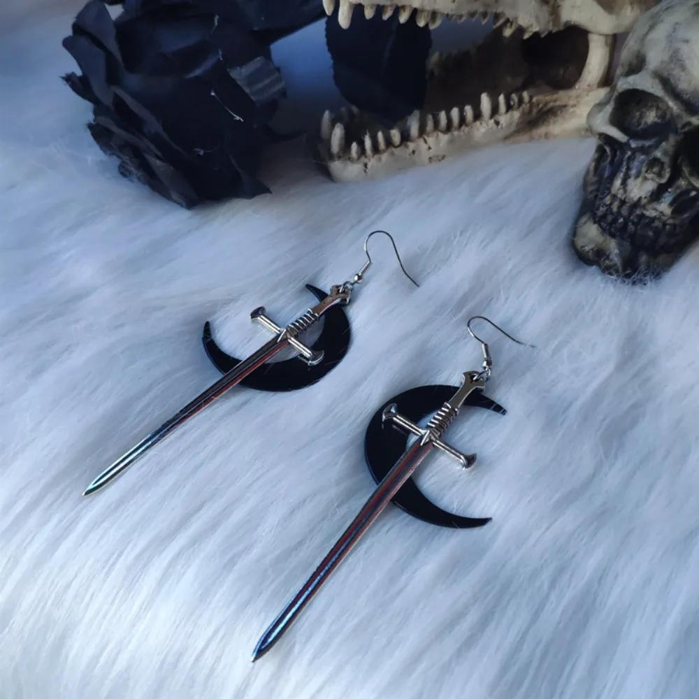 Personality Gothic Stainless Steel Sliver Color Long Sword Black Moon Dangle Earrings for Women Halloween Demon Style Jewelry