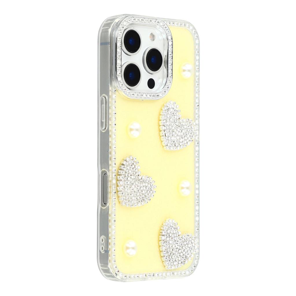 For iPhone 16 Pro Case Rhinestone Edge Pearl Love Decor TPU+PC IMD Phone Cover