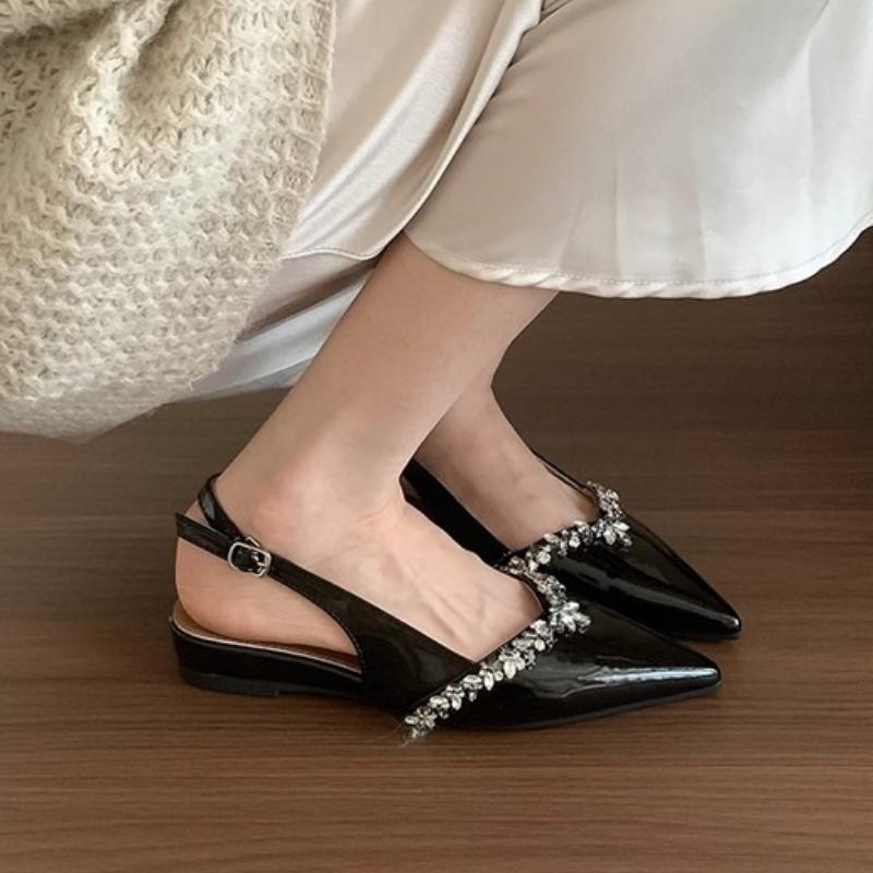 2026 New Patent Leather Pointed Toe Rhinestone Baotou Sandals Women's New Soft Sole Shallow Mouth Back Empty Single Shoes