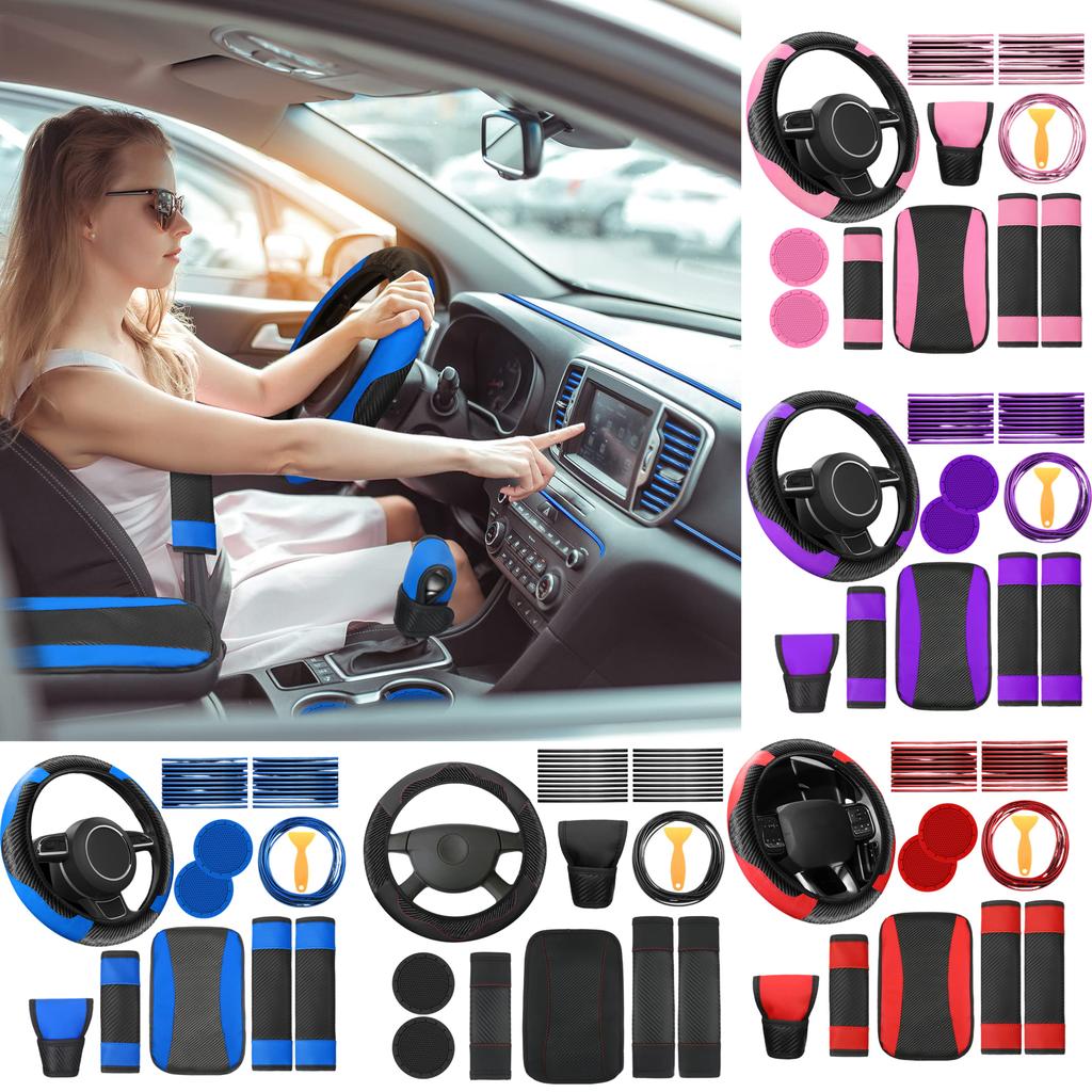 30pc Car Steering Wheel Cover Gear Cover Handbrake Shoulder Guard Armrest Box Mat Line