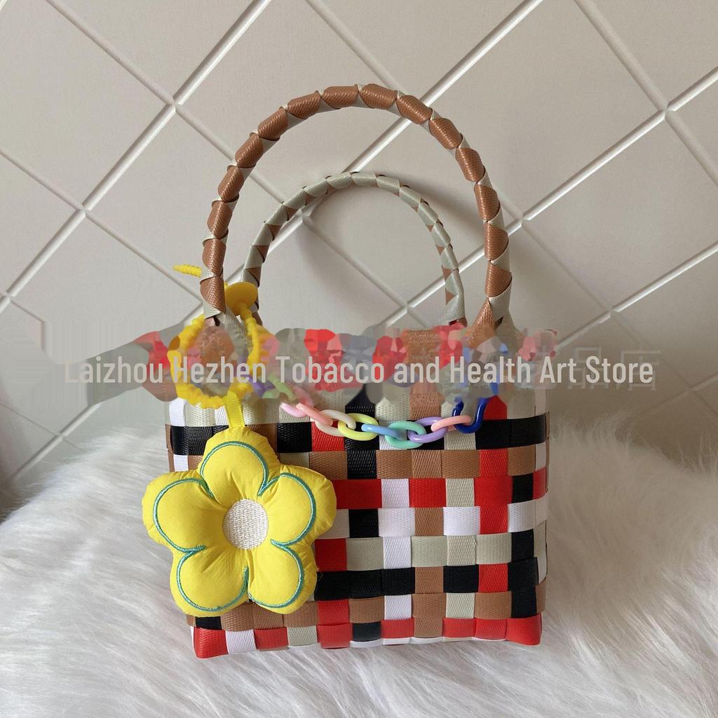 Γυναικεία Υφαντή Καλοκαιρινή Τσάντα Παραλίας: Απλή Πλαστική Τσάντα Χειρός, Μικρός Τετράγωνος Σχεδιασμός για Ψώνια και Παιδιά.