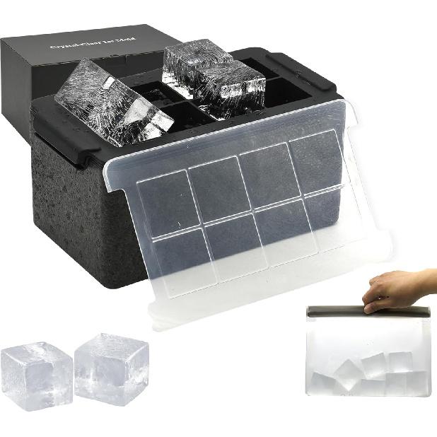 Bangp Clear Ice Cube Maker,Clear Ice Cube Mold with Reusable Ice Cube Storage Bag,Silicone Clear Ice Cube Tray Makes 8×2 Inch Clear Square Ice Cubes