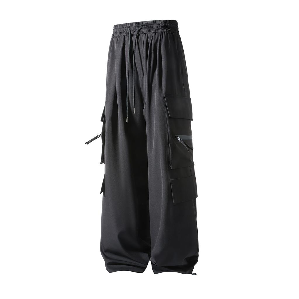 High Quality Ice Silk Waterproof Zipper Multi Pockets Casual Pants Men Solid Straight Elastic Waist Trousers Loose Cargo Pants