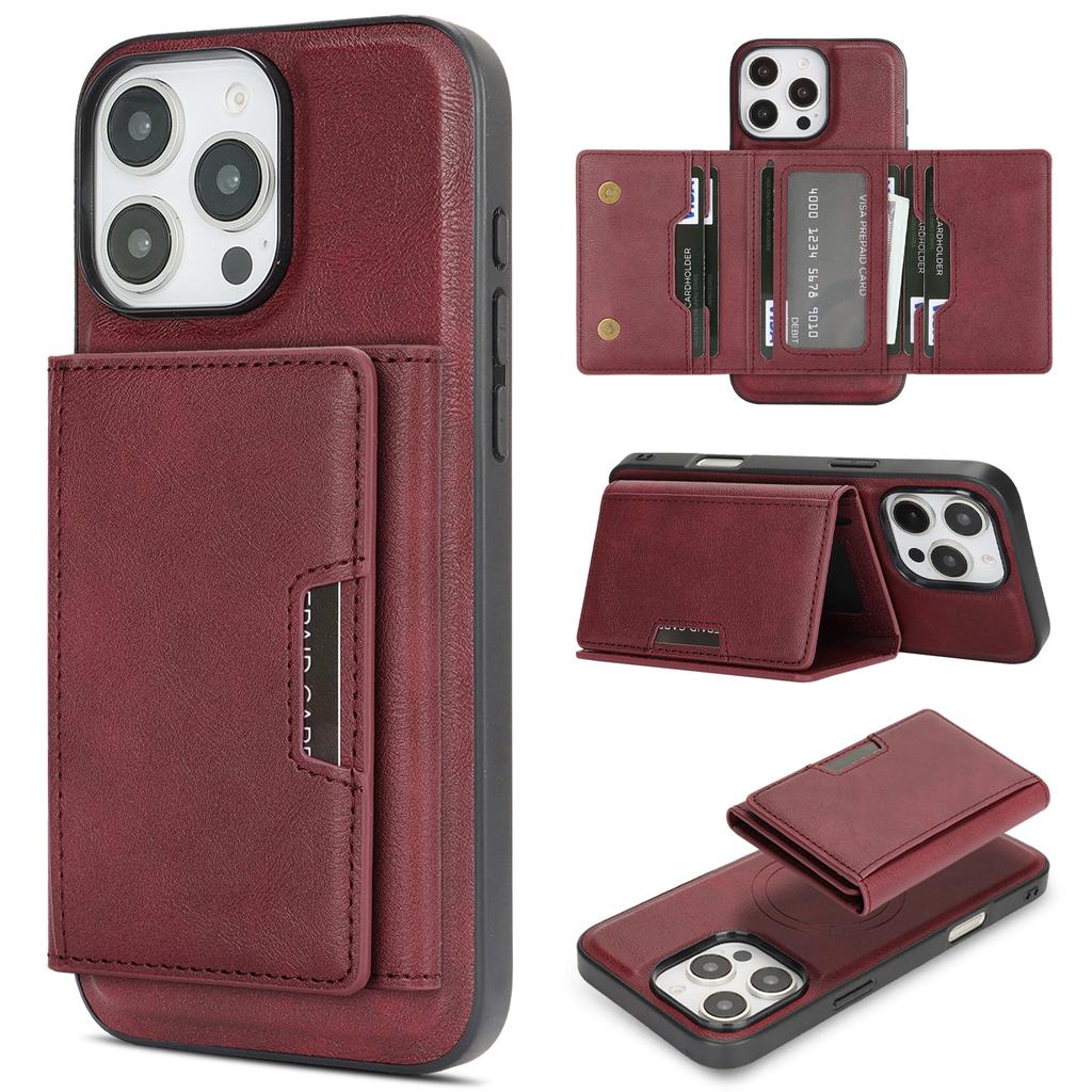 For iPhone 14 Pro Kickstand Case Tri-fold Card Bag PU Leather Coated TPU Cover Compatible with MagSafe