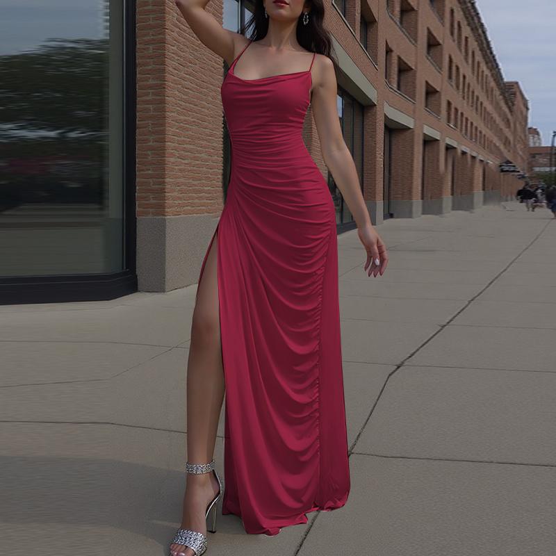 

ZANZEA Элегантное женское платье с драпированным вырезом, сексуальное, без рукавов, на бретелях, длинное 3XL вино красного