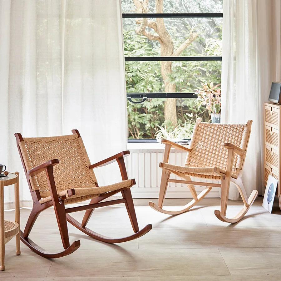Simple Solid Wood Rattan Rocking Chair - Leisure Balcony Furniture with Pure Manual Rope