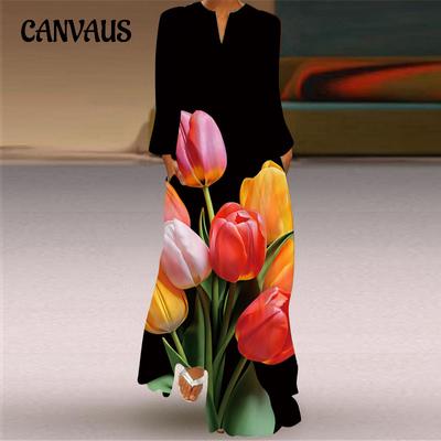 Plus Size Spring and Summer Women's Long Dress V-neck Long-sleeve Pocket Print Loose Dress
