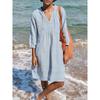VEZFAA Women's Fashion Summer Spring Solid Color Print 3/4 Sleeves V-Neck Loose Waistline Casual Dresses