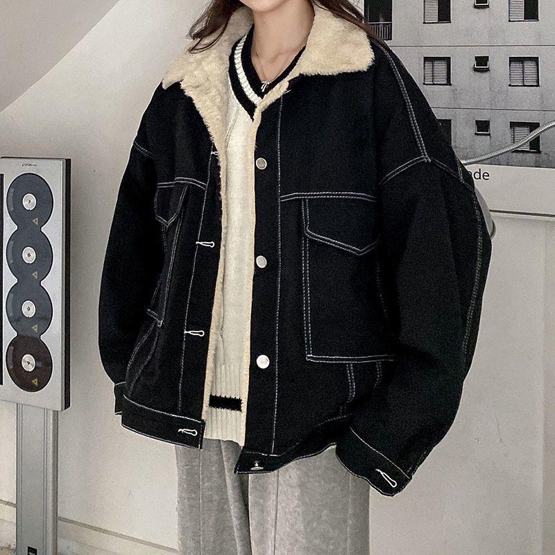 Women's Retro Patchwork Lamb Wool Denim Jacket, Winter Warm Loose Fit.
