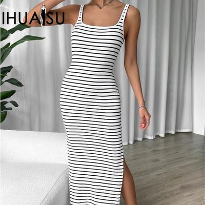 Sommer Frühling Damen Kleid Ärmellos Gestreift Slim-fit Weste Mittellanges Kleid