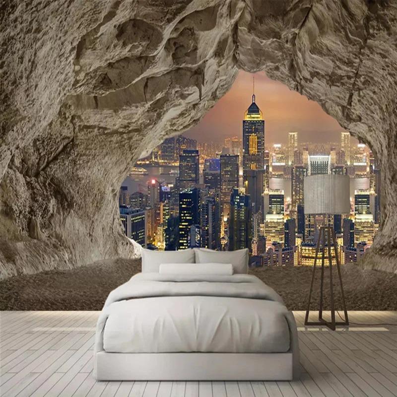 3d Creative Cave Stone Wall Mural City Night View Wallpaper Living Room Bedroom Tv Background Wall Paper Home Decor
