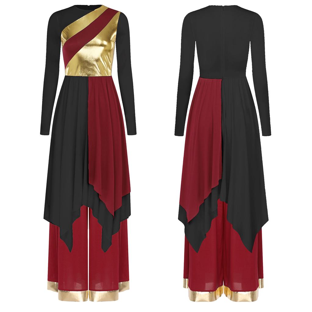 Dames Lyrische Dans Kostuum Set S-XXL: Jurk met Lange Mouwen, Metallic Contrastkleur, Onregelmatige Zoom & Wijde Broek voor Kerkdienst, Dans