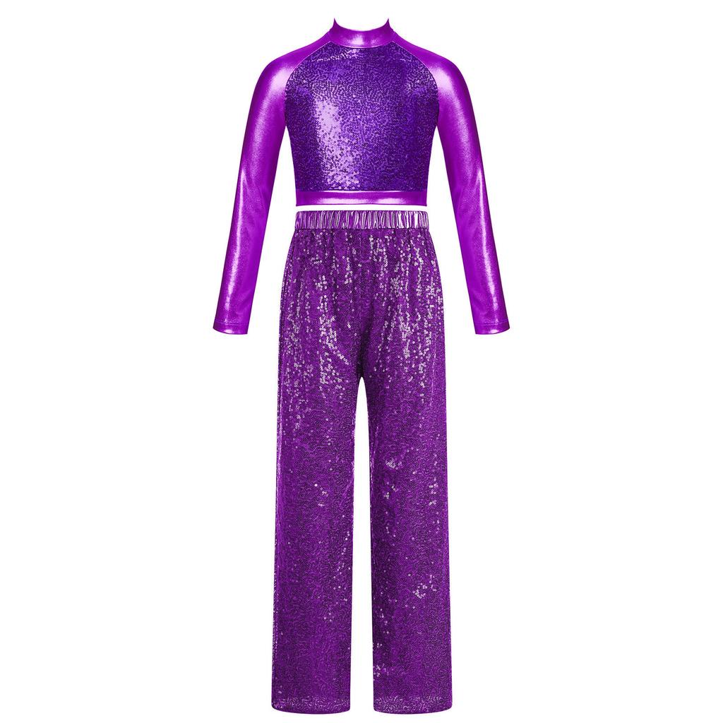 Girls Shiny Sequins Dance Crop Top Mock Neck Long Sleeve High Waist Wide Leg Pants Set