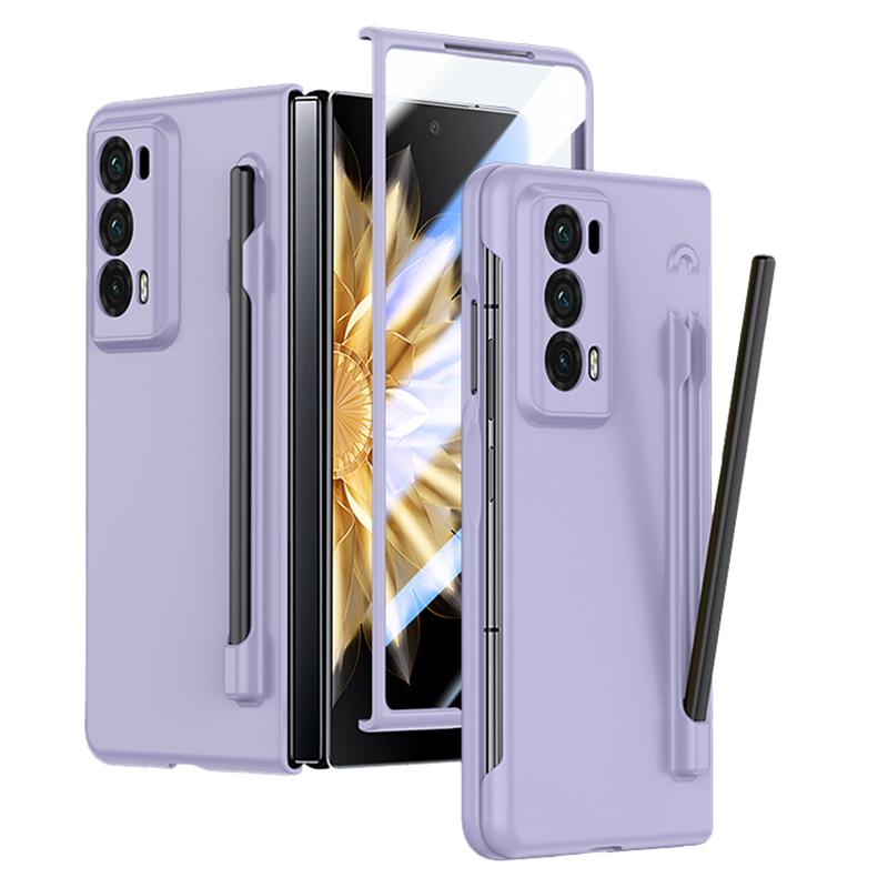 

For Honor Magic V2 5G Skin-touch Phone Case with Tempered Glass Film and Stylus Purple