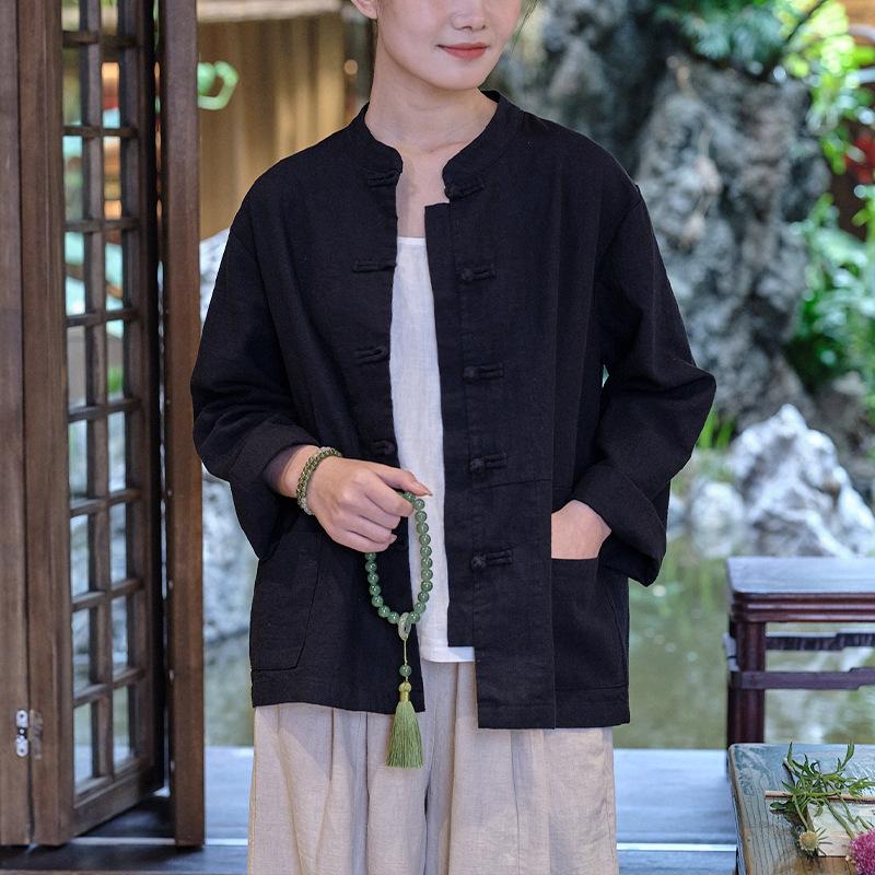 Johnature Frauen Chinesischen Stil Shirts Tops Leinen Patchwork Taschen Frühling Blusen Stehen Lange Ärmel Frauen Shirts