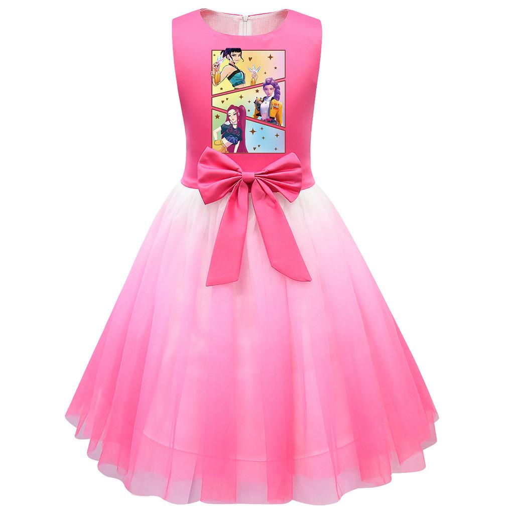 Kids Girls Princess K-POP Rumi Zoey Mira Print Bow Sleeveless Mesh Tutu Dress