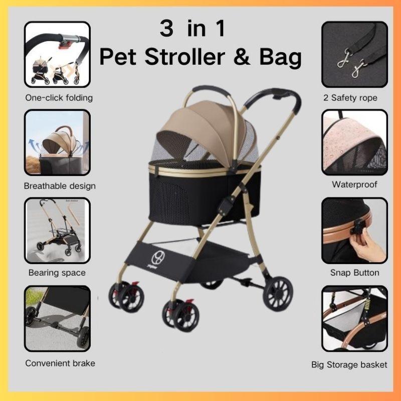 3 in 1 Foldable Pet Stroller Outdoor 4 Wheels Lightweight Trolley Household Washable Dog Cat Carrier