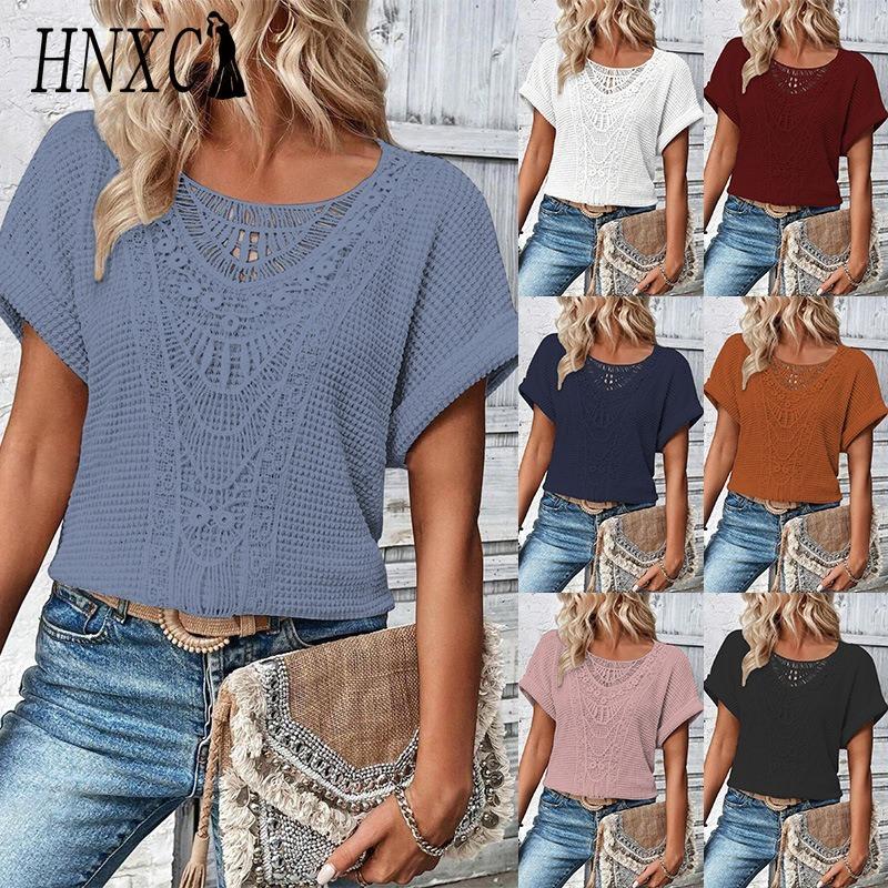 HNXC Women's Fashion Casual Solid Color Print Short Sleeve O Neck Blouses & Shirts