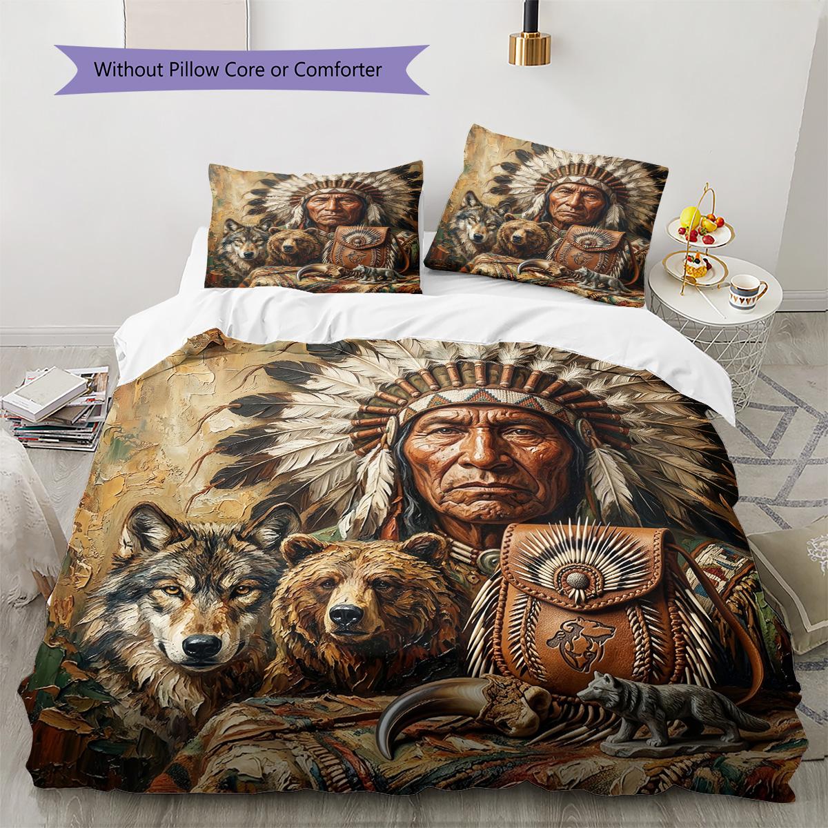 

Indian Chief Painting Pattern Bedding Set Quilt Cover Pillowcase Home Decor Gift (1 * duvet cover + 2 * pillowcase, without core) 135x200cm