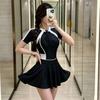 Womens Modest Short Sleeve One-Piece Swimsuit With Skirt Black White Contrast Swimwear Training Racing
