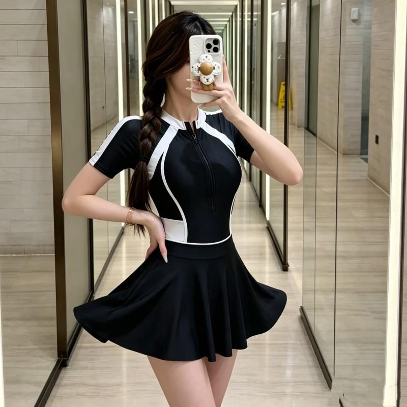 Womens Modest Short Sleeve One-Piece Swimsuit With Skirt Black White Contrast Swimwear Training Racing