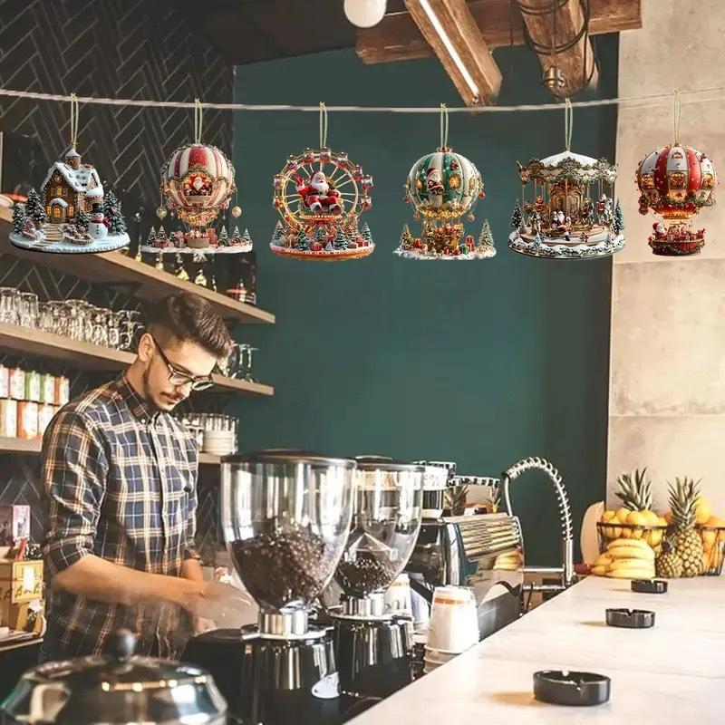 12-Piece Wooden Santa Ornament Set – Hot Air Balloon & Ferris Wheel Christmas Decor for Tree & Home