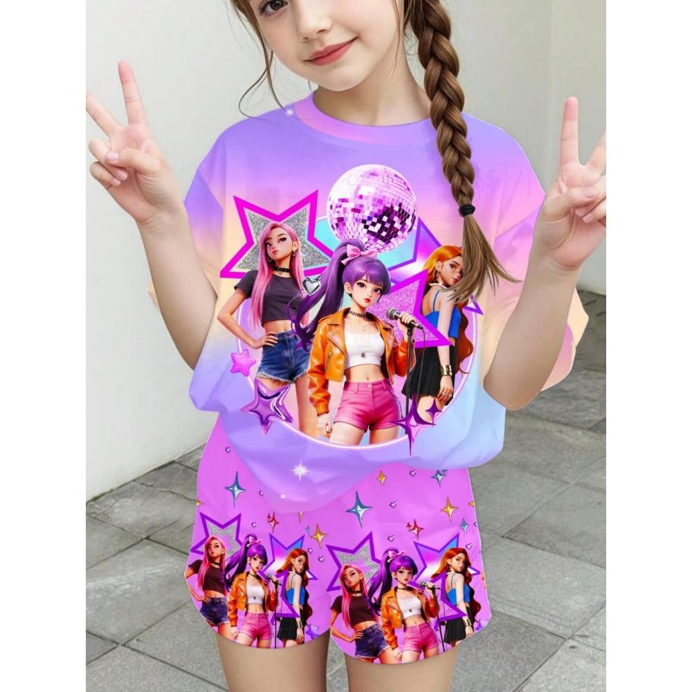 K-Pop-Cartoon-Grafik-T-Shirt- und Hosen-Set für Mädchen, Sommerkleidung für Mädchen, süßes Kurzarm-Set, Kinder-T-Shirt- und Shorts-Set