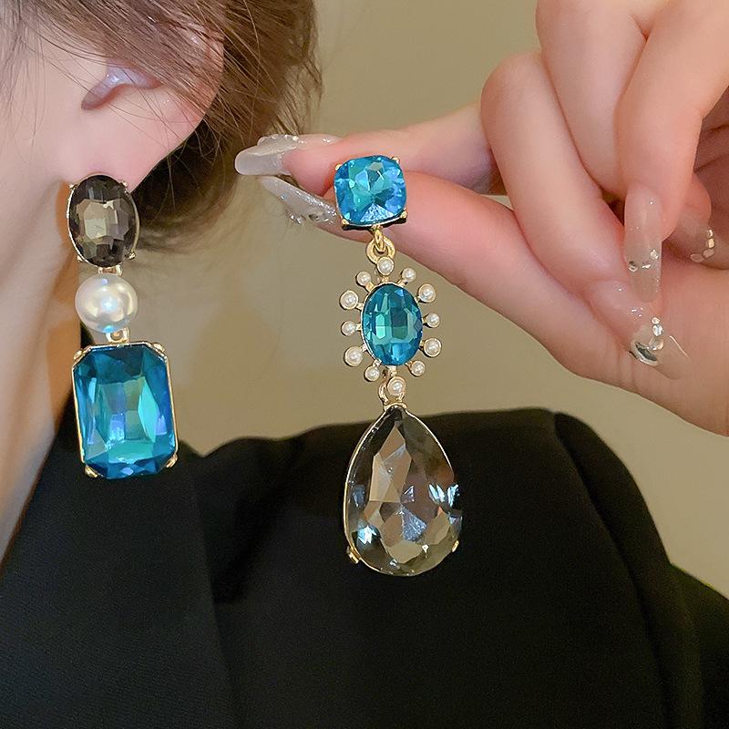 Vintage Rhinestone & Faux Pearl Teardrop Geometric Sterling Earrings - French Court Style for Women