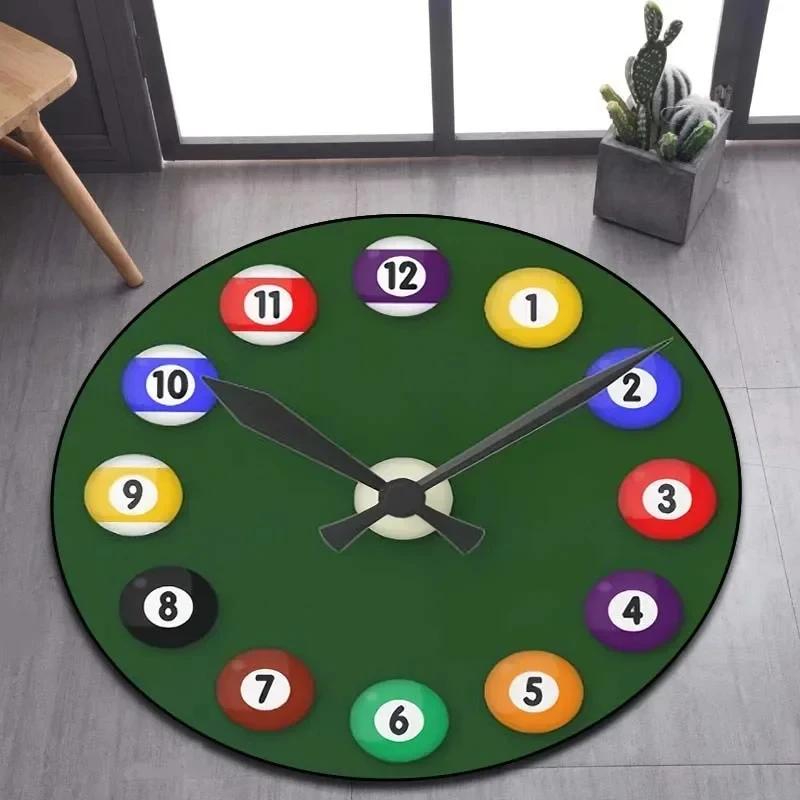 Billiard Clock Print Round Carpet Soft Area Rug for Bathroom Bedroom Living Room Doormat Gaming Chair Decor Non-Slip Floor Mat