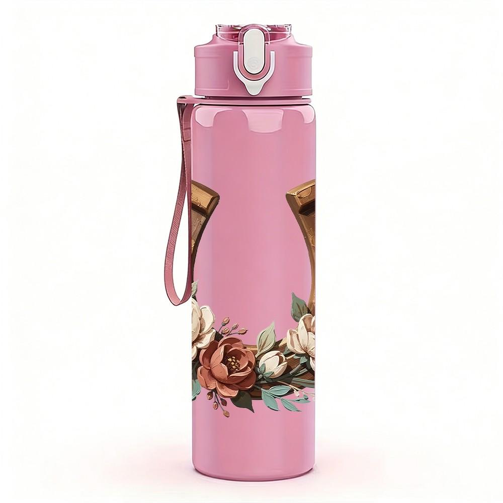 1PC Horseshoe With Floral Wreath 750ml Color Plastic Sports Water Bottle Leakproof Flip Straw Lid Suitable for Sports Office Home Use