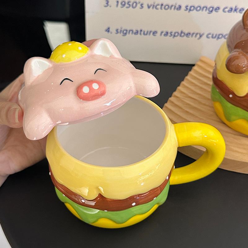 Creative Design Ceramic Burger Mug with Lid Cute Cartoon Animal Shape Household Drinking Cup Souvenir