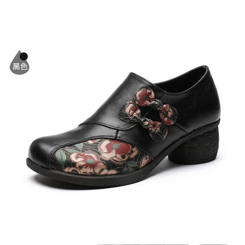 Retro Flower Printed Boho Pumps Shoes Woman Handmade Genuine Leather Medium Heels Women‘s Autumn Designer Round Heel Patch Shoes