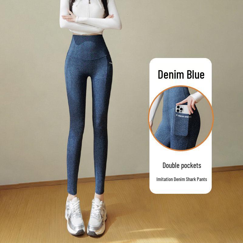 

Shark Butt-Lifting Imitation Denim Skinny Pants - 2026 Spring Pilates Yoga Style, Seamless with Pockets, Wearable Outside M джинсовый синий