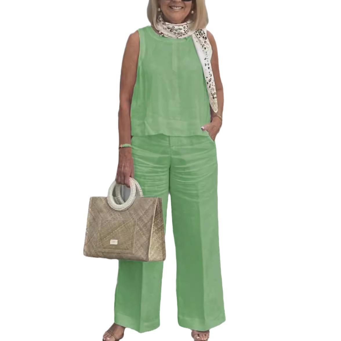 

Женский летний повседневный комплект без рукавов с круглым вырезом и брюками широкого покроя различных цветов 4XL зелёный