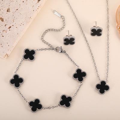 3PCS Titanium Steel Non Fading Double-sided Clover Set Necklace Bracelet Earrings