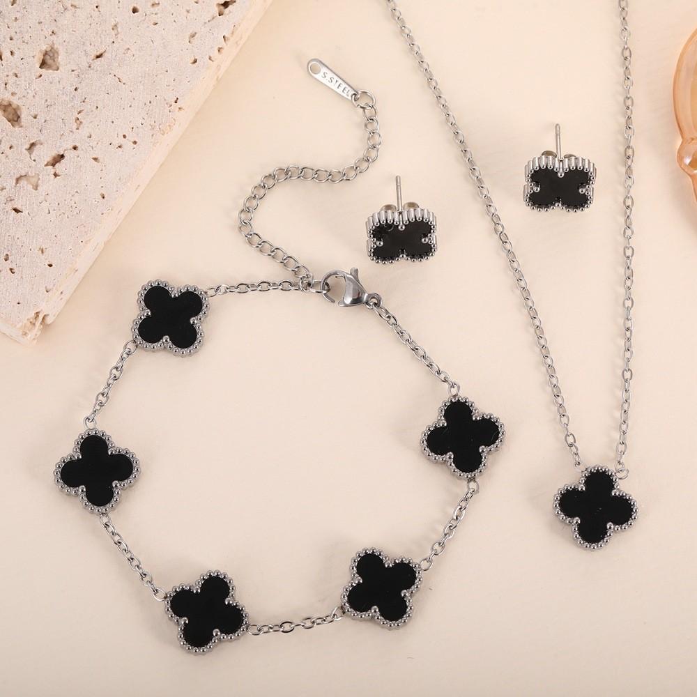 3PCS Titanium Steel Non Fading Double-sided Clover Set Necklace Bracelet Earrings
